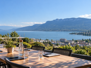 Table de réunion avec vue sur le lac du Bourget et les montagnes en Savoie